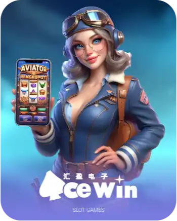 Winbox AceWin slot game cover with female aviator holding mobile jackpot