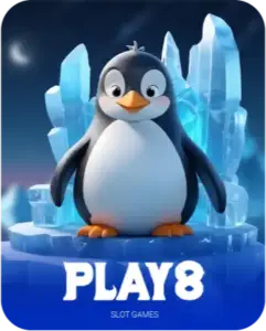 Winbox Play8 slot game cover with penguin mascot on ice