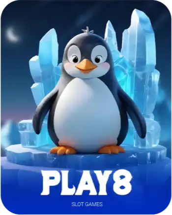 Winbox Play8 slot game cover with penguin mascot on ice